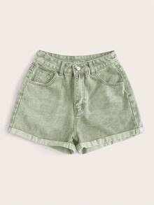 Rivivi Quần short denim cỡ lớn, màu trơn, gấu quần xắn, có đai lưng, kiểu dáng thường ngày, đa năng cho mùa hè. - màu xanh lá - Xem 4