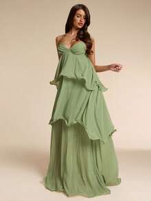 SHEIN BAE Elegant Sage Green Chiffon Halter Neck Bustier Dress,Summer Tropical Ruffled Evening Gown,Cocktail Party Wedding Bridesmaid Formal Birthday Dress - Green - View 5