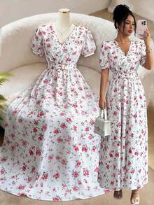 Balvessa Women's Elegant Floral Print Metal Buckle Decor Short Sleeve Dress, Suitable For Summer Vacation Vacation Light Pink - Baby Pink - View 4