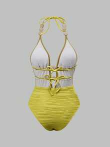 Swim Chiccia Áo tắm một mảnh hở lưng, buộc dây phía trước, màu trơn, chất liệu vải có họa tiết, gợi cảm dành cho nữ mùa hè đi biển. - Limelight Green - Xem 2