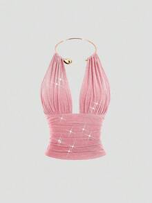 SHEIN Sweetro Áo hai dây choker xếp ly, bóng bẩy, khoét sâu lưng, gợi cảm dành cho nữ, kiểu dáng thời trang, tôn dáng, thích hợp cho tiệc tùng, mùa xuân/hè. - Hồng - Xem 3