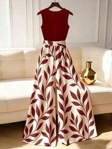 Franclia Jumpsuit Tanpa Lengan Motif Daun Kasual Musim Panas untuk Wanita - Redwood - View 2