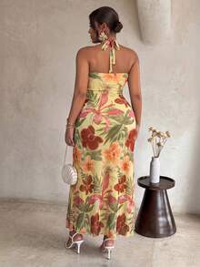 Firerie Plus Size Women Floral Print Ruffle Trim Bodycon Halter Dress Casual Vacation Dress For Women Flower Prints For Women - Multicolor - View 3