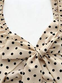 Franclia Women's V-Neck Ruffle Sleeve Pleated Waist Backless Tie Polka Dot Print Maxi Dress, Casual Vacation Style, Spring/Summer - Apricot - View 3