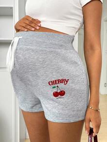 SHEIN Quần short bầu mùa hè, kiểu dáng thường ngày, có dây rút, in hình quả anh đào, thích hợp đi nghỉ mát và đi làm. - Màu Xám nhạt - Xem 6