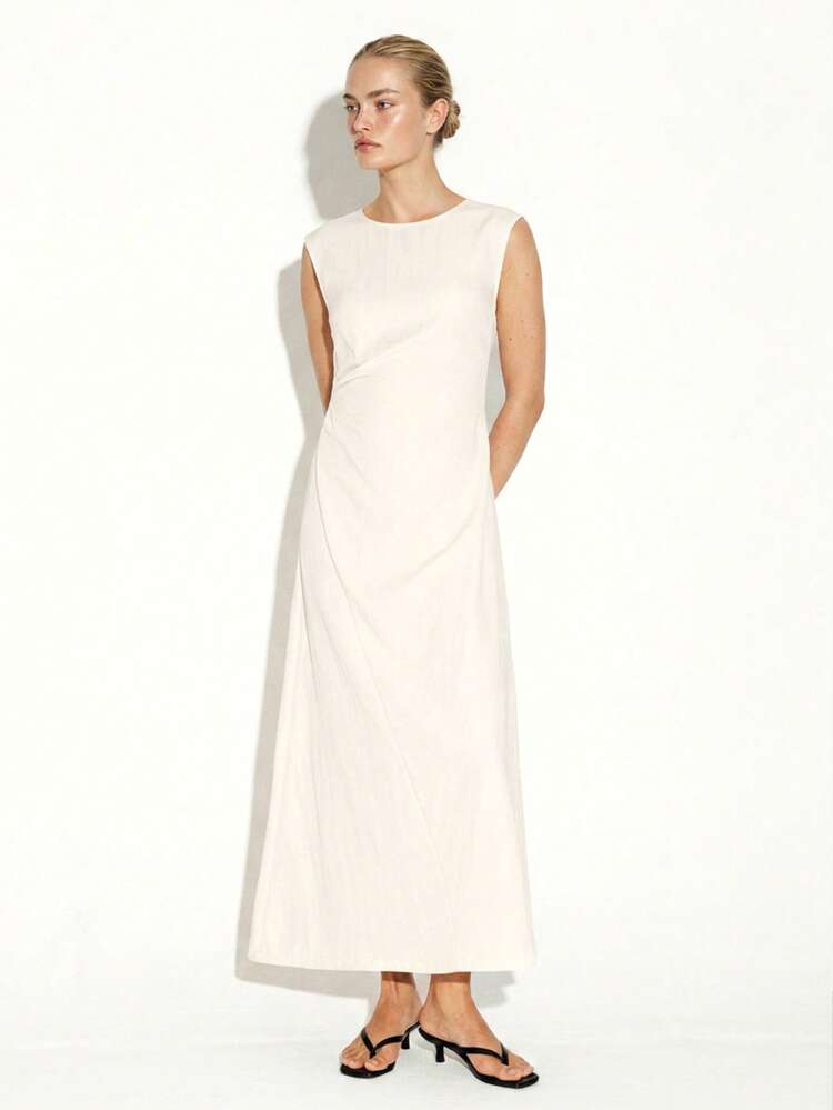 KSTM Sleeveless Long Maxi Dress With Round Neckline And Pleated Waist Detail For Elegant Occasions
