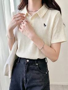 FRIFUL Women's Apricot Basic Polo Collar Embroidered T-Shirt, Turndown Collar Short Sleeve Summer Wear - Beige - View 6