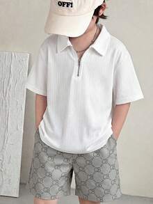 SHEIN 2件装儿童/青少年男童休闲校领短袖polo衫，纯色纹理面料，适合通勤、上学、日常休闲穿着、运动、春夏穿着。 - 白色 - 查看 4