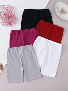 5pcs/Set Girls' Solid Color Leggings, Comfortable Fitted Short Design, Suitable For Spring/Summer - Multicolor - View 2