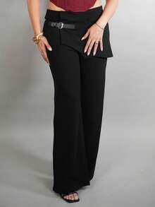 Dania Mndz Shop Women's 2 In 1 Pants, Leather Buckle Decor, Black Straight-Leg Trousers, Back To School,Black Dress Pants,Fall Pants - Black - View 3