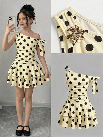 SHEIN Tween Girl Casual Cute Commuting Off-Shoulder Polka Dot Yellow Asymmetric Dress