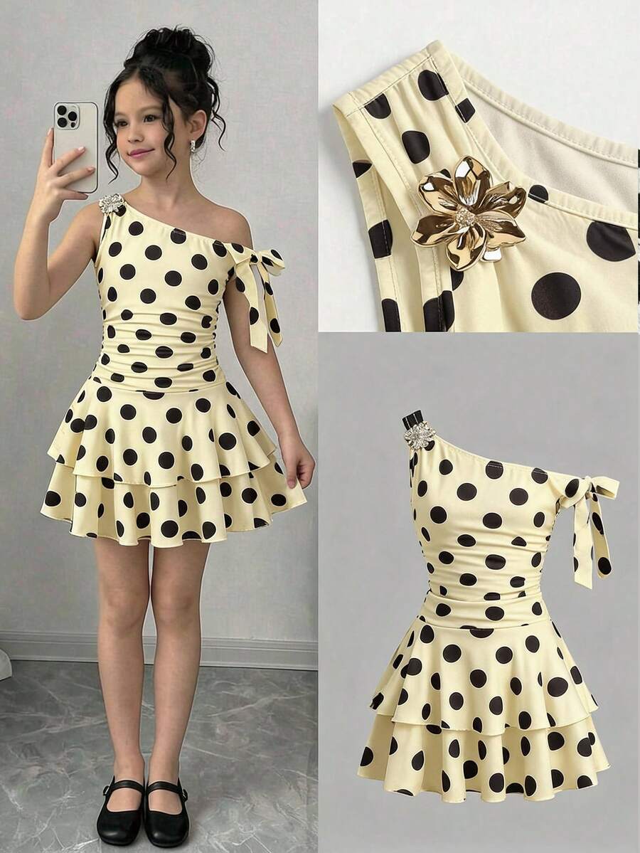 SHEIN Tween Girl Casual Cute Commuting Off-Shoulder Polka Dot Yellow Asymmetric Dress - Yellow - View 1