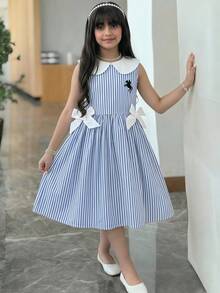 Đầm thường ngày kẻ sọc xanh dương cho bé gái, kiểu dáng thể thao và dễ thương. - Xanh và trắng - Xem 1