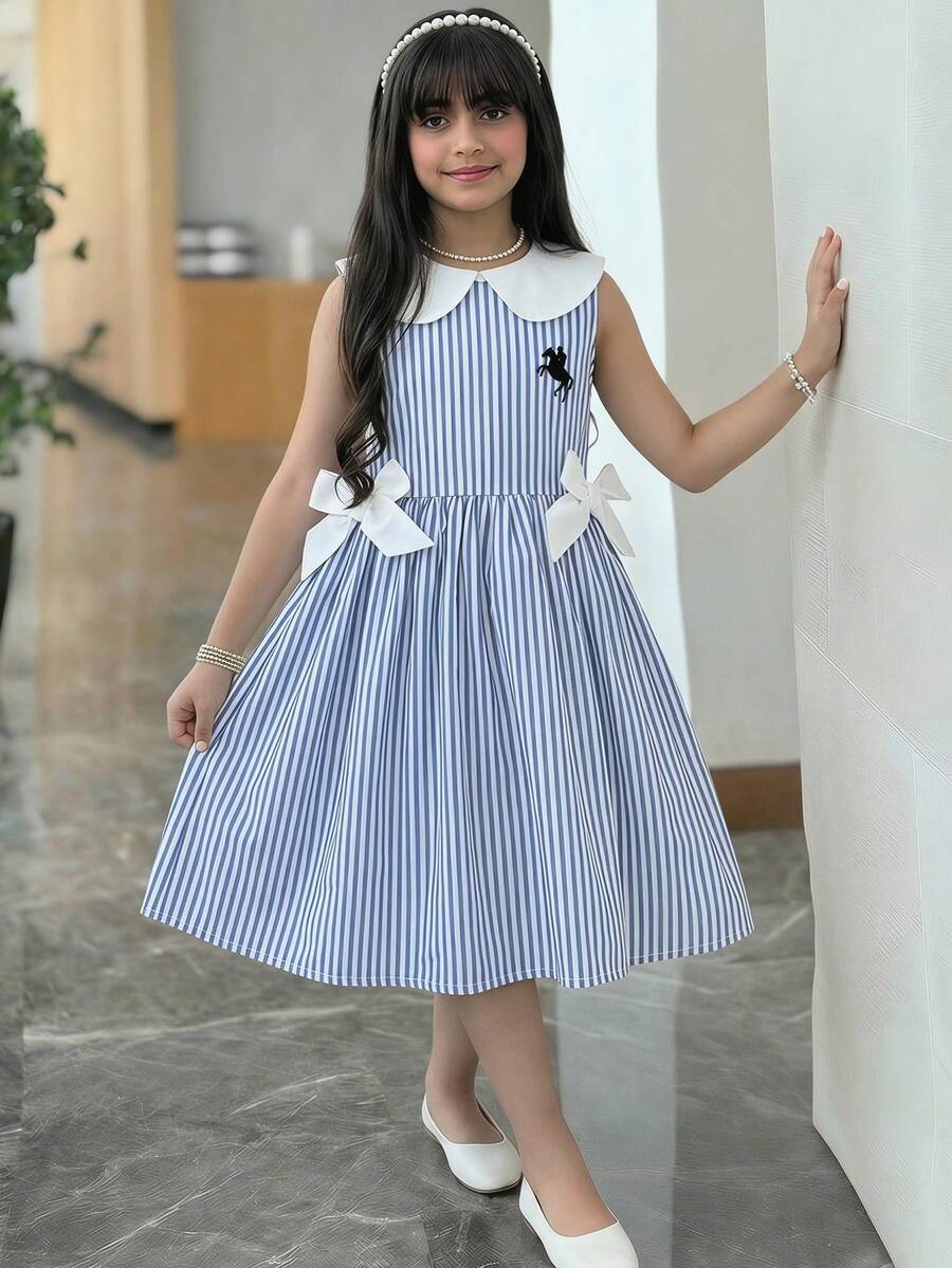 Đầm thường ngày kẻ sọc xanh dương cho bé gái, kiểu dáng thể thao và dễ thương. - Xanh và trắng - Xem 1