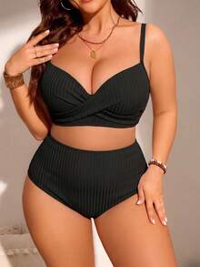 Swim Lushoire Conjunto de tankini de talla grande con tirantes de espagueti acolchados y unicolor - Negro - Ver 1