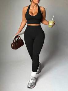 Dewbera Dewbera Plus Size Women Sexy Minimalist Solid Color Backless Halter Top And High Waist Leggings Sports Suit - Black - View 3