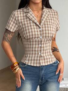 Coolane Women's Plaid Summer Vintage Sexy Everyday Short Sleeve Top, Button Down Fitted Lapel Collar Blouse, Casual Country Style Golf White - Camel - View 3