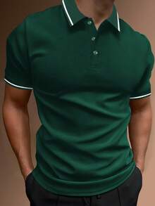 Manfinity Homme Hombres Camisa polo ribete de rayas - Verde Oscuro - Ver 4