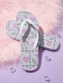 HELLO KITTY AND FRIENDS | SHEIN 女士卡通印花人字拖，圆头平底，防滑软底，甜美少女风，浅蓝色鞋底，粉白印花EVA材质，沙滩凉鞋 - 白色 - 查看 5
