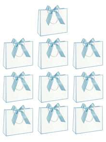 10 Horizontal Kraft Paper Gift Bags With Bow And Ribbon Handles, Suitable For Wedding Bridesmaids To Return Gifts, Unisex, Suitable For Birthdays, Weddings, Bridesmaid Party Returns, Retail Shopping (White And Blue) - multicolor - View 5