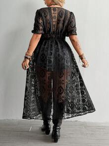 Whyspr Plus Size V-Neck Lace Hollow Out Jacquard Short Sleeve Elegant Retro Cute Beach Casual Waist Tie A-Line Open Front Long Shirt, Black - Black - View 2