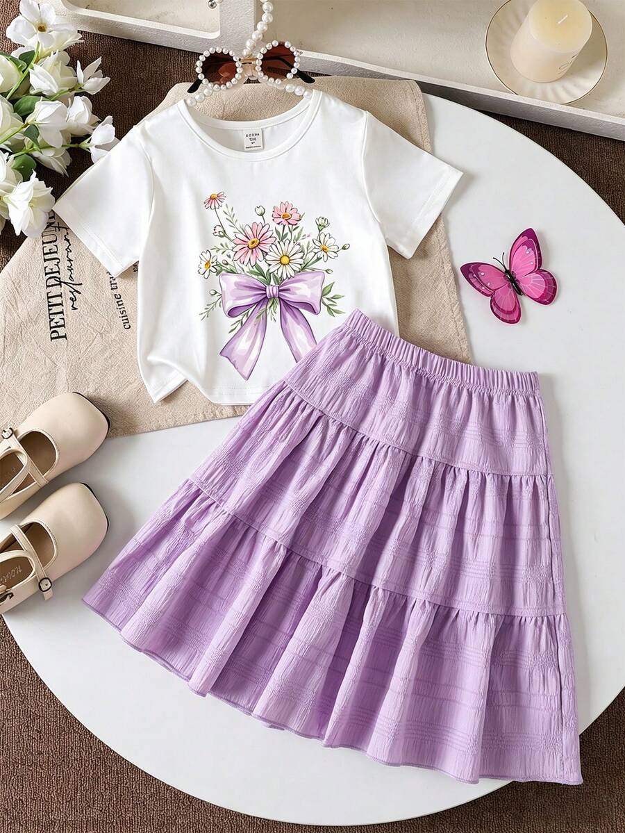 SHEIN Playful Pals 2件組少女紫色裙子搭配白色圓領T恤,蝴蝶結與花卉印花,休閒日常度假風 - 彩色 - 查看 1