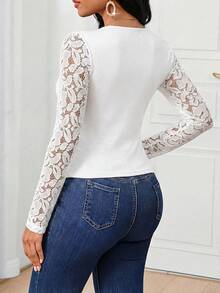 SHEIN Lady 女款優雅白色心形領前胸抓皺蕾絲袖上衣 - 白色 - 查看 2