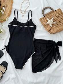 SHEIN Kids/Teen Girls' Black & White Contrast Color Shell Ruffle Bow Decor Casual One-Piece Swimsuit With Cover-Up Skirt, Vacation Beach Style Black Cover Up Swimsuit One Piece Swimsuit For Teens Black Tankini Black Swim Suit For Women - Black - View 2