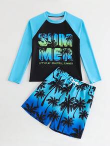 SHEIN 男童两件套泳装，长袖纯色防晒衣上衣搭配棕榈树字母印花渐变棕榈树图案沙滩短裤，适合夏季度假、海滩、泳池、假日派对等场合。 - 藍色 - 查看 4