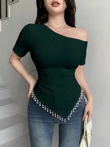 Modelyn 杏色提花不对称领珍珠流苏优雅休闲T恤，适合约会和外出，秋季 - 墨綠色 - 查看 5