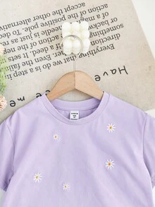 SHEIN LMoss Kids Young Girl Embroidered Loose Fit Crew Neck Casual T-Shirt - Mauve Purple - View 6