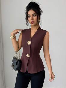 SHEIN Elenzya Áo khoác không tay màu đỏ tía thanh lịch dành cho nữ, kiểu cardigan cổ chữ V, thích hợp mặc thường ngày hoặc đi làm, mùa hè. - Màu Đỏ Sâu - Xem 6