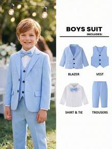 4pcs Young Boy Suit Set,Summer Traditional Wedding Pageboy Birthday Party Stage Performance,Notched Lapel Jacket,Light Blue Vest,Shirt,Bow Tie& Pants - Blue - View 2