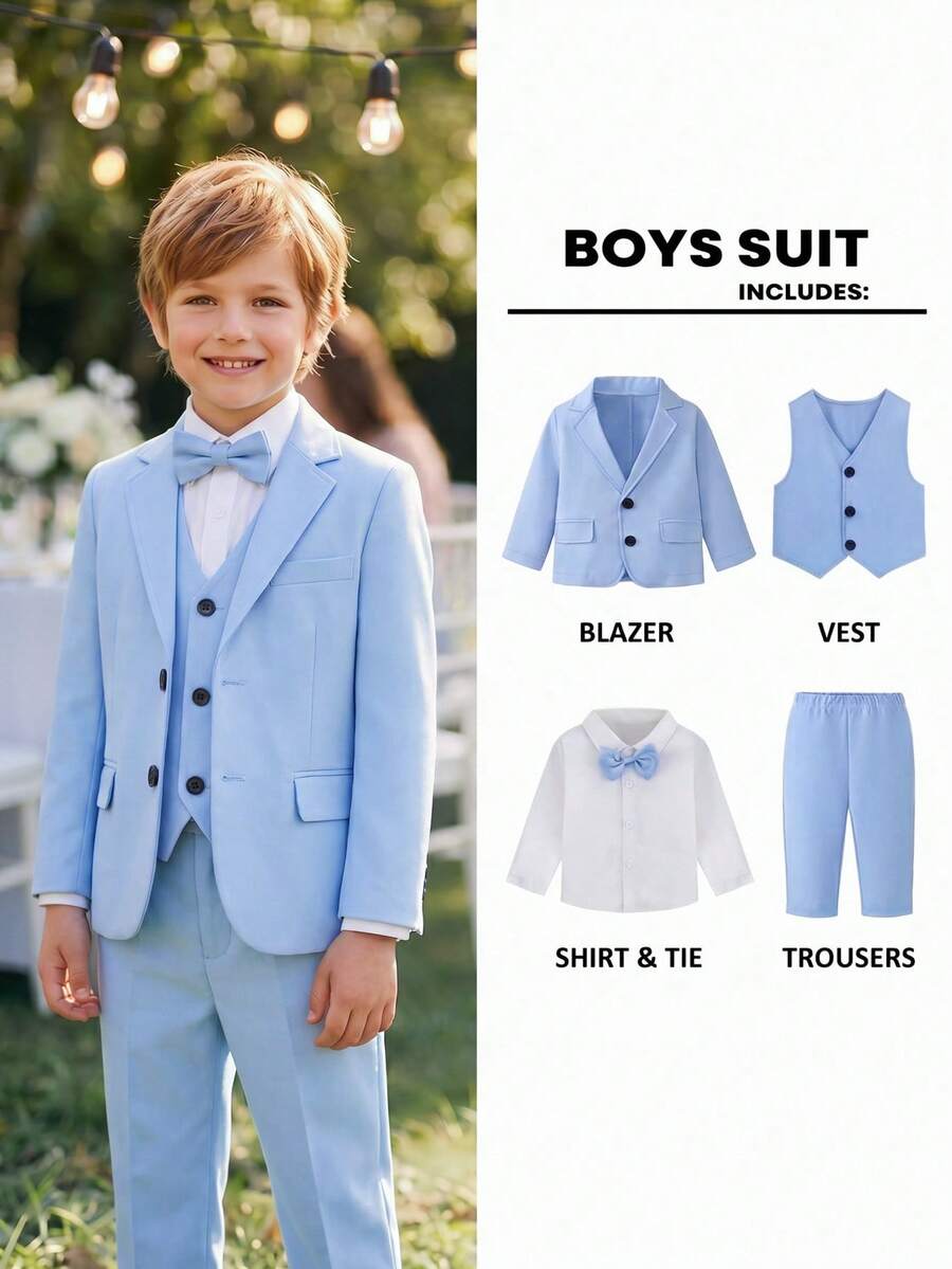 4pcs Young Boy Suit Set,Summer Traditional Wedding Pageboy Birthday Party Stage Performance,Notched Lapel Jacket,Light Blue Vest,Shirt,Bow Tie& Pants
