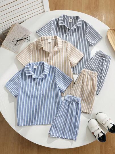 SHEIN Bộ 6 món đồ mặc nhà phong cách học đường thường ngày cho bé trai, thoải mái, thời trang, tối giản, tiện dụng, chất liệu vải có họa tiết, gồm áo sơ mi ngắn tay và quần short, thích hợp cho mùa xuân/hè, mặc hàng ngày, thể thao, dã ngoại, trường học, tụ họp, lễ hội, biểu diễn, chụp ảnh.