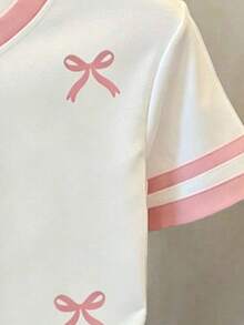女童蝴蝶结印花宽松休闲撞色条纹圆领T恤 - 彩色 - 查看 4