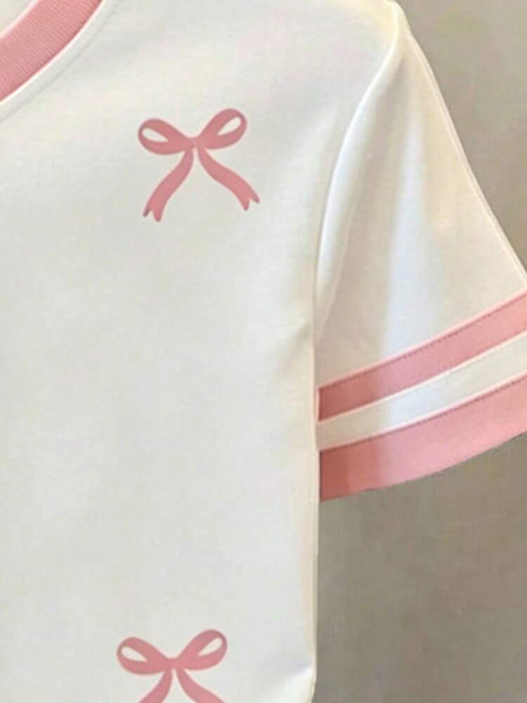 女童蝴蝶结印花宽松休闲撞色条纹圆领T恤 - 彩色 - 查看 4