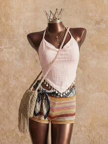 Elin Vora Nouveau Top de femme pour l'été/printemps, vacances, plage, festival de musique Y2K, fête sexy, concert, fête entre amies. Design rétro élégant avec col roulé, sequins, franges, coupe slim, col ras-du-cou. Style bohème, asymétrique, texture abricot. Accessoires de vacances bord de mer, coquillages, étoiles de mer - Nude - Voir 3