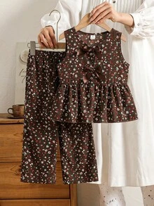SHEIN Vintaside Kids 女童碎花两件套，棕色蝴蝶结装饰无袖上衣+配套阔腿裤，甜美可爱休闲装，夏季 - 棕色 - 查看 6