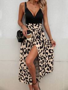 SHEIN Clasi Đầm maxi hai dây xẻ đùi họa tiết da báo dành cho nữ. - Màu Khaki - Xem 3