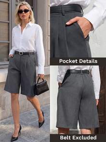 SHEIN ICON Bộ quần đùi Bermuda màu xám đơn giản mùa xuân dành cho nữ, thích hợp cho việc đi làm hàng ngày. - Xám - Xem 3