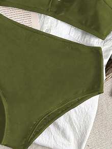 Swim Chiccia 女士纯色金属装饰吊带泳衣套装，适合夏季沙滩穿着 - 軍綠色 - 查看 7