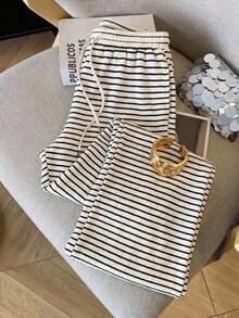 SHEIN EZwear Women's Casual Black And White Striped Drawstring Waist Sweatpants Lounge Summer - Apricot - View 7