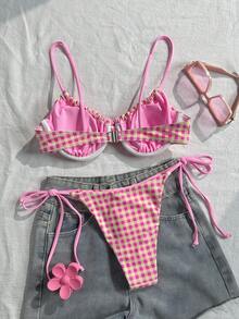 Swim Mod Bộ bikini nữ SHEIN Xuân/Hè in kỹ thuật số, có gọng nâng ngực và quần bơi buộc dây bên hông, kiểu dáng dễ thương cho kỳ nghỉ biển. - Hồng - Xem 2