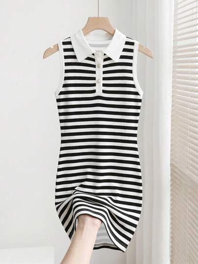 GlowEve Bestselling Spring & Summer Women's Office Wear Simple Turn-Down Collar Sleeveless Black & White Striped Dress