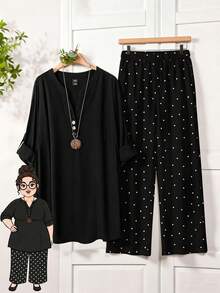 Rusticease Casual Minimalist Polka Dot Pattern Top And Loose Wide-Leg Pants 2 Pieces Set, Suitable For Spring/Summer, Office, Travel, Plus Size Fall - Black - View 2