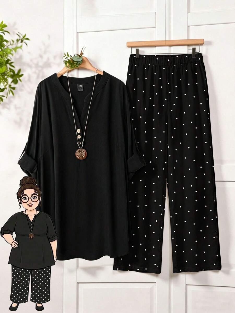 Rusticease Casual Minimalist Polka Dot Pattern Top And Loose Wide-Leg Pants 2 Pieces Set, Suitable For Spring/Summer, Office, Travel, Plus Size Fall