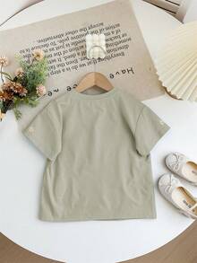 SHEIN LMoss Kids Young Girl Embroidered Loose Fit Crew Neck Casual T-Shirt - Olive Green - View 2