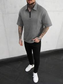 Manfinity CasualCool 男士拼接設計 Polo 衫，時尚百搭，適合日常穿著與正式場合 - 灰色 - 查看 4
