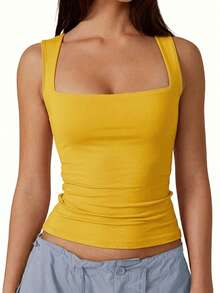 SHEIN SXY Plus Size Simple Solid Color Square Neck Tight Camisole, Summer Mustard Tops For Women Square Neck Top Yellow Mustard Yellow Top - Yellow - View 1